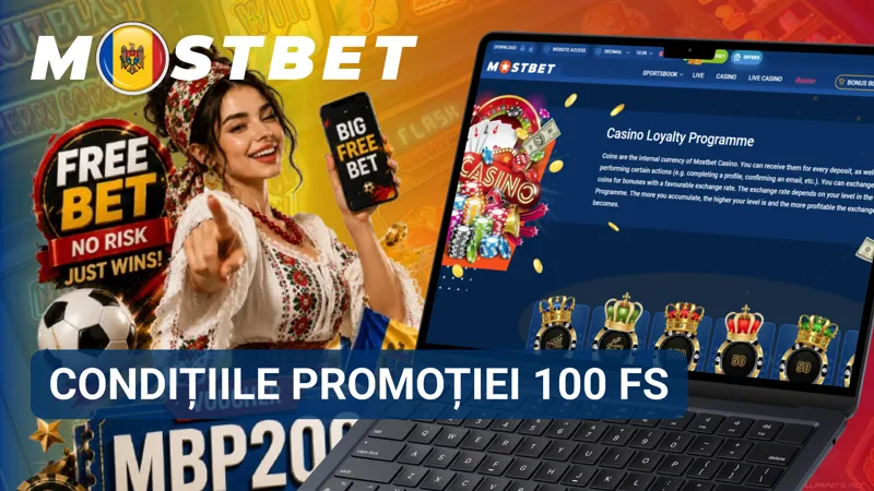 Document cu regulile promoției 100 FS afișat pe ecranul platformei MostBet.