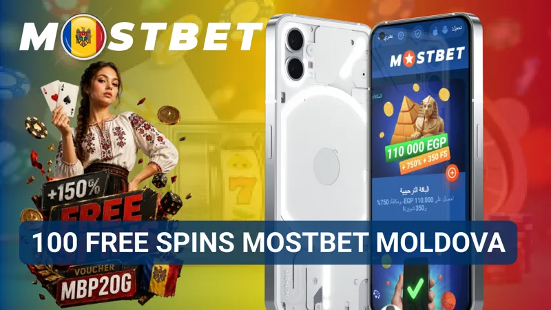 Banner promoțional cu bonusul 100 Free Spins MostBet Moldova afișat lângă simboluri de sloturi online.