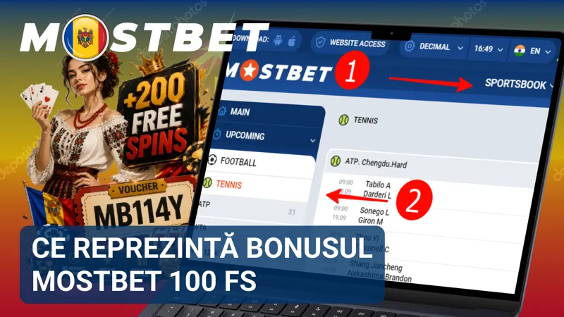 Panou informativ care explică structura și beneficiile bonusului MostBet 100 FS.
