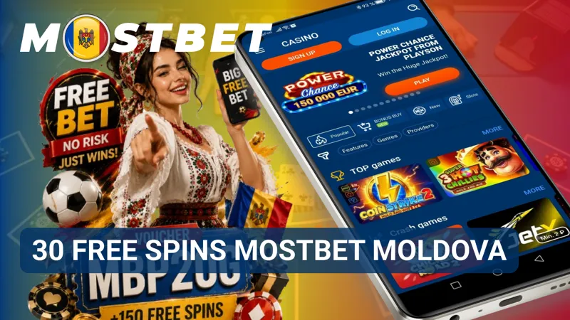 Banner promoțional MostBet Moldova care evidențiază oferta de 30 de rotiri gratuite pentru jocurile de cazinou.