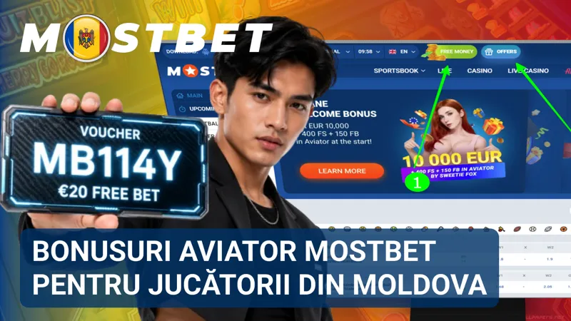 Pagina promoțională Aviator afișează bonusuri, rotiri gratuite și oferte speciale disponibile în MostBet.
