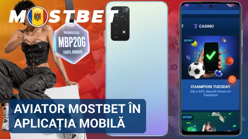 Smartphone cu aplicația MostBet deschisă în secțiunea Aviator și comenzile jocului afișate pe ecran.