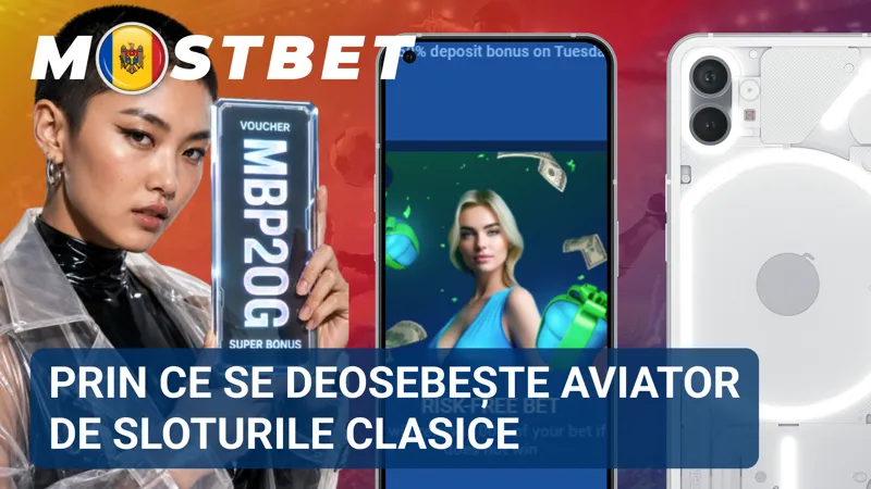 Comparație vizuală între interfața jocului Aviator și un slot clasic cu role și simboluri.