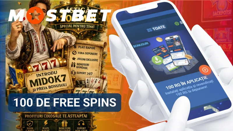 Promoția MostBet cu 100 de free spins pentru instalarea aplicației mobile.