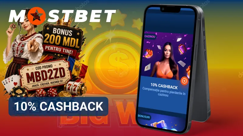 Promoția 10% Cashback MostBet disponibilă pentru anumite activități de joc.