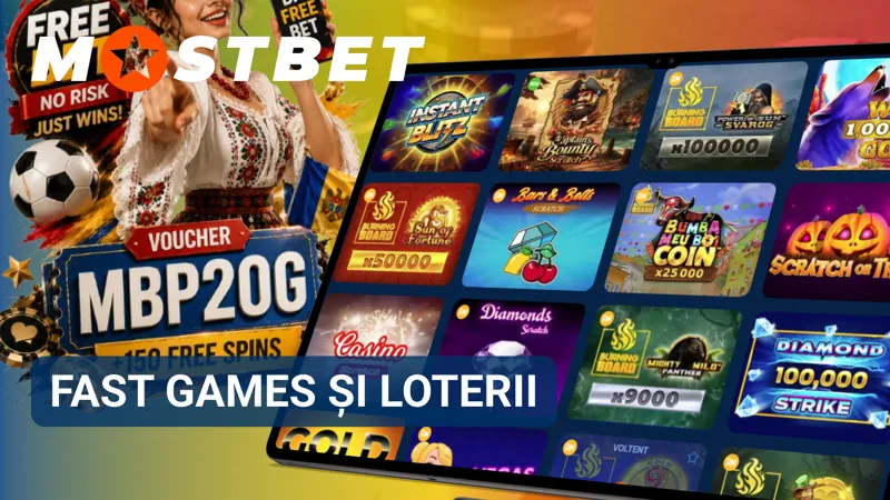 Secțiunea MostBet cu fast games și loterii disponibile pentru acces rapid.