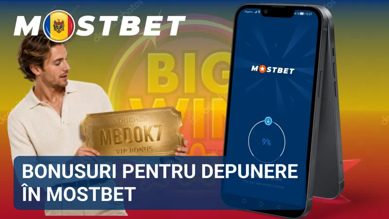 Banner promoțional cu oferta de bonus pentru depunere disponibilă în platforma Mostbet.