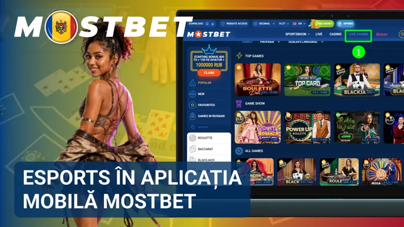 Smartphone cu aplicația MostBet deschisă în secțiunea esports și lista competițiilor disponibile.