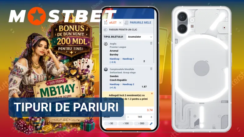Diferite tipuri de pariuri sportive disponibile în platforma Mostbet.