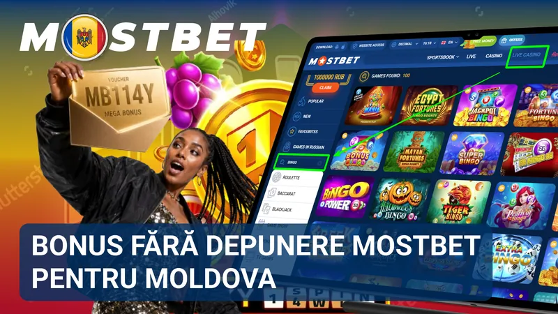Banner promoțional Mostbet Moldova cu oferta de bonus fără depunere și elemente grafice de recompensă.