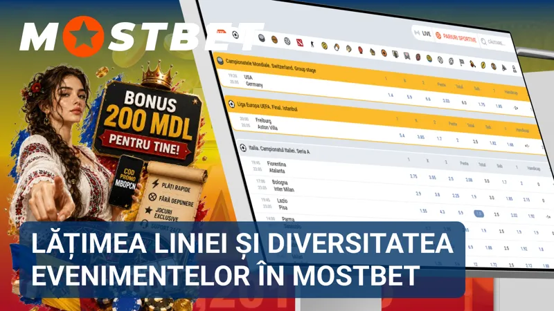 Linia MostBet cu numeroase competiții și evenimente sportive disponibile pentru pariuri.