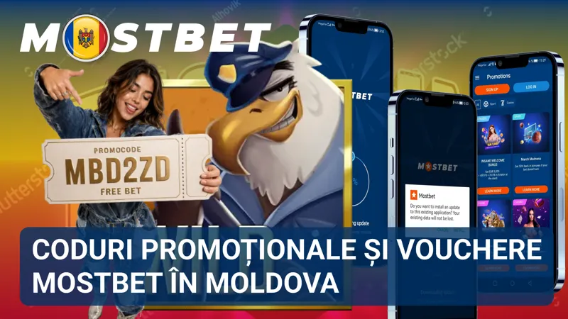 Banner promoțional MostBet Moldova cu un cod promoțional și un voucher afișate lângă elemente grafice de bonus.