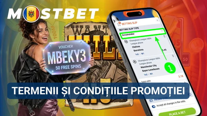 Document cu termenii promoției MostBet, unde sunt evidențiate cerințele, limitele și perioada de valabilitate.