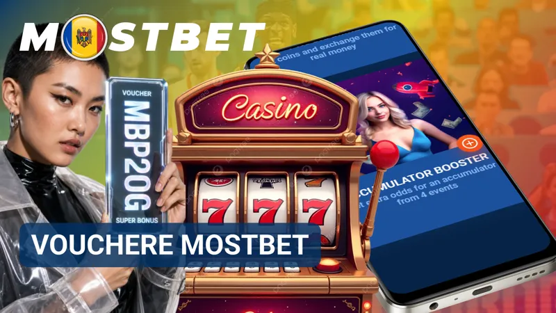 Voucher MostBet cu un cod unic și informații vizuale despre recompensa asociată.