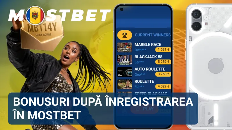 Banner promoțional MostBet cu bonusuri disponibile după finalizarea procesului de înregistrare.