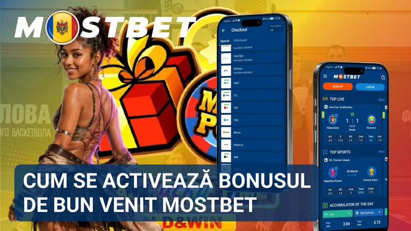 Ecranul platformei afișează pașii necesari pentru activarea bonusului de bun venit MostBet.